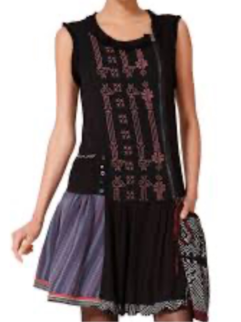Desigual Dress Womens 40 Black Patchwork Fit Flare Sleeveless Boho Embroidered